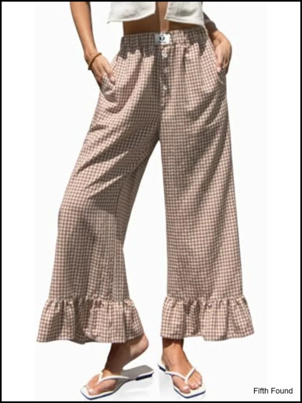 Plaid Wide Leg Pants Ruffle Hem Drawstring Palazzo with Pockets